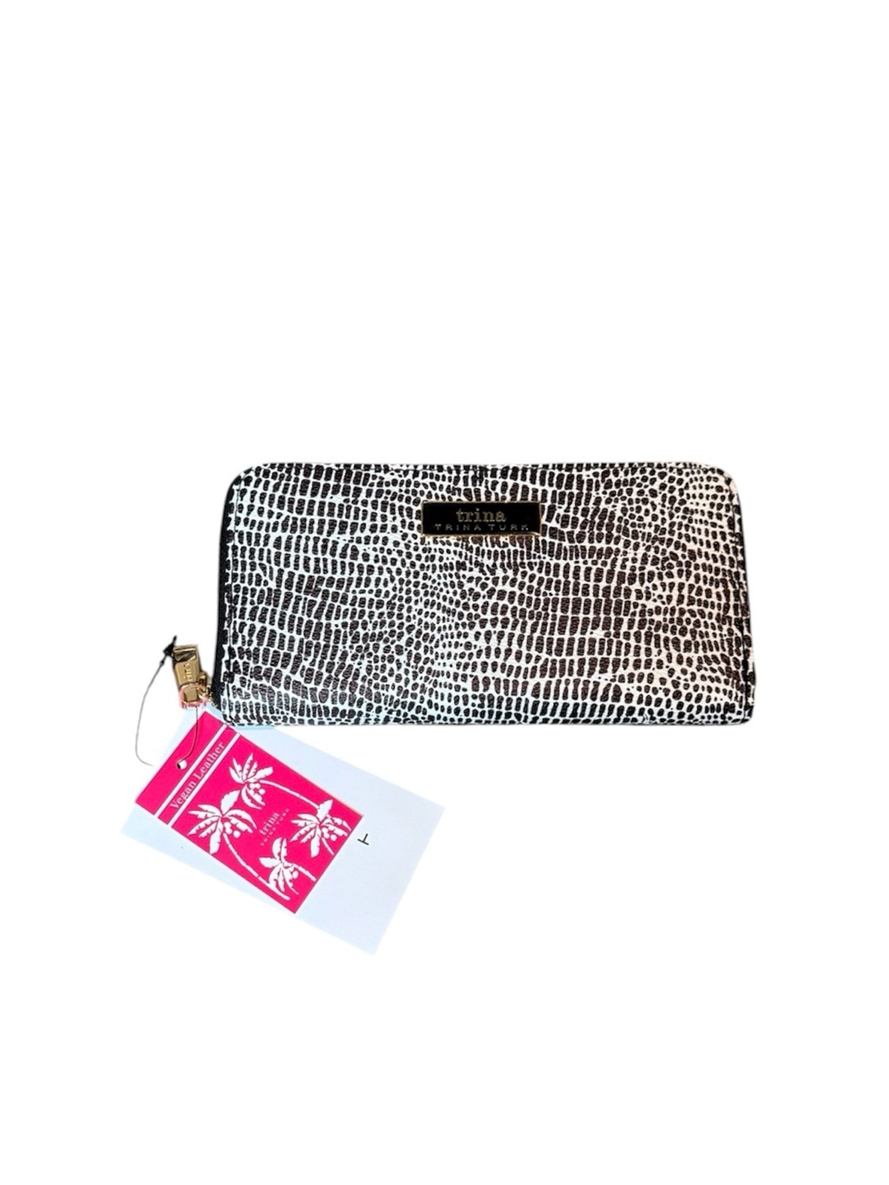 Trina Turk Black & White Croc Pattern Large Zip Around Wallet Vegan Leather
